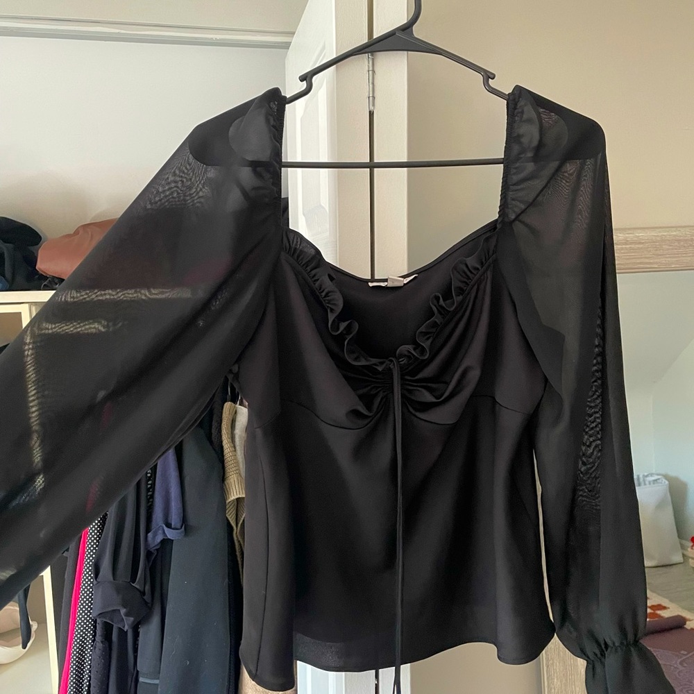 Topshop Black Longsleeve Top with Ruffle Detail